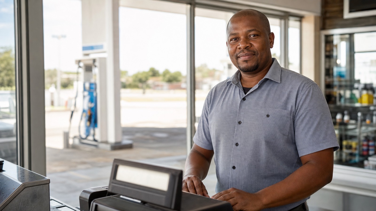 Fuel station owner behind his forecourt shop till with fuel pumps visible outside.