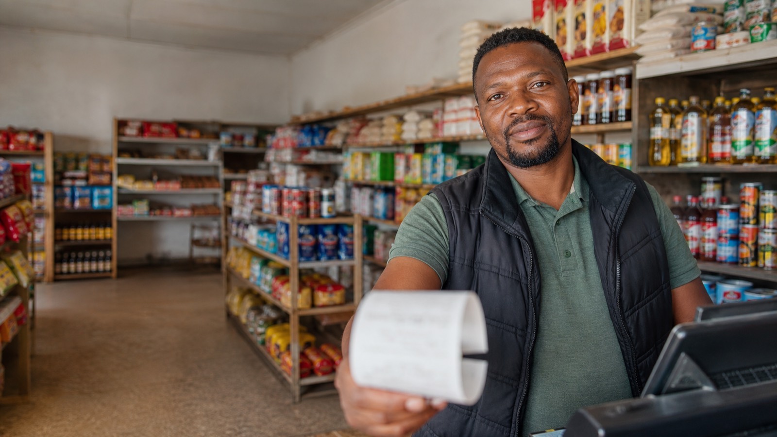 A man stands behind a shop till counter in a well-stocked township minimart holding a receipt roll, with grocery shelves behind him.