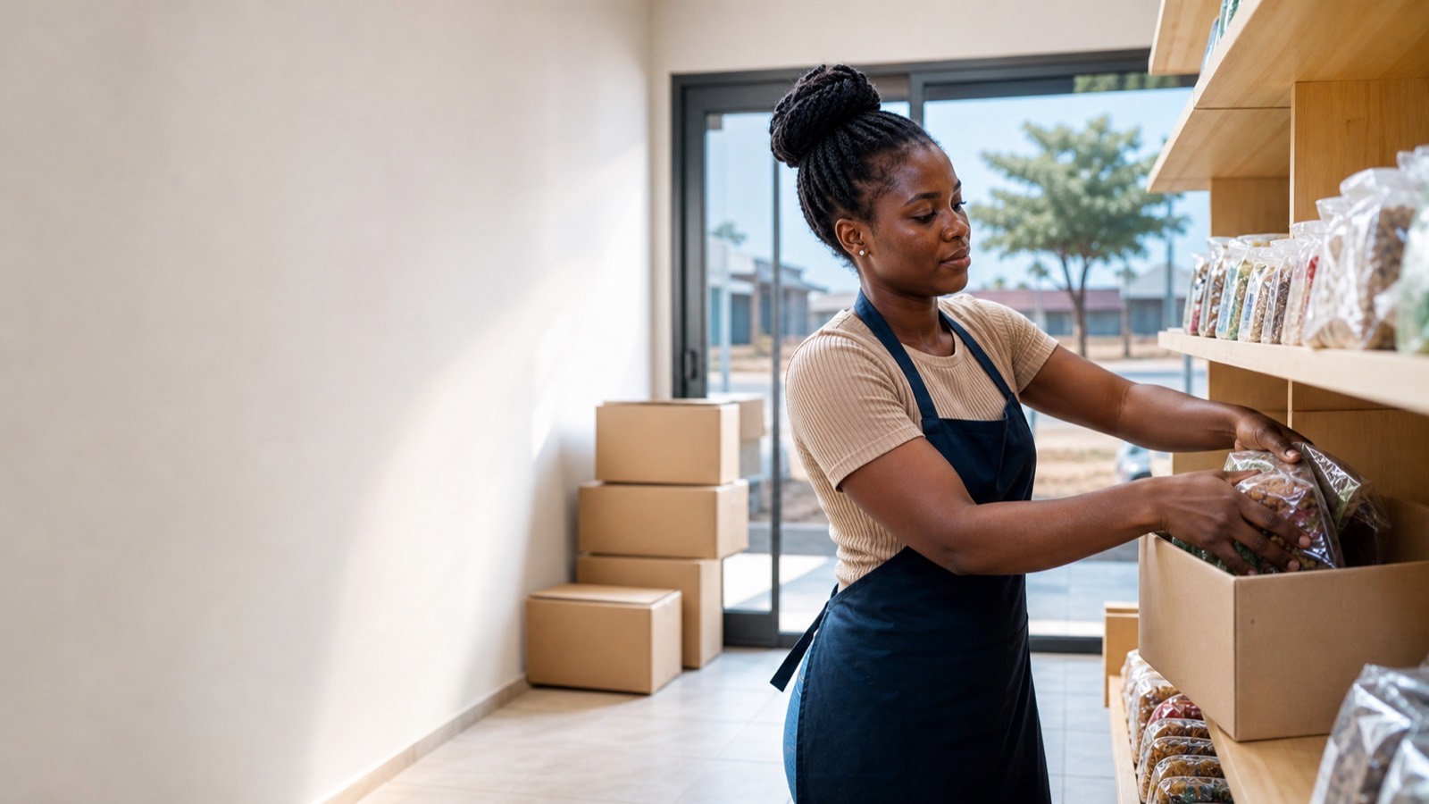 A woman unpacking stock onto display shelves in a new township shop with boxes stacked near the entrance.