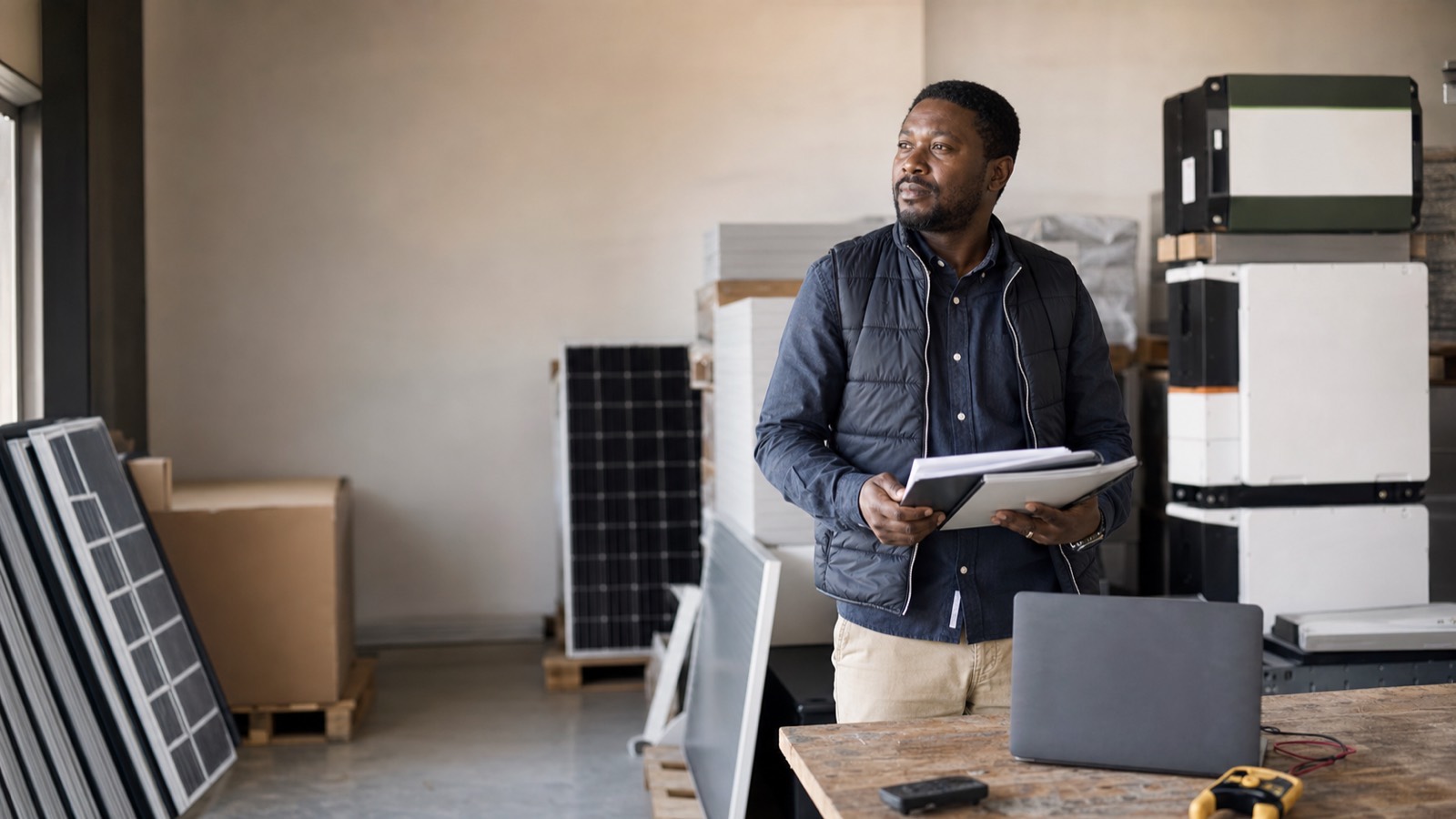 A Black South African solar contractor standing among solar panels and inverters in his warehouse, holding a folder of papers.