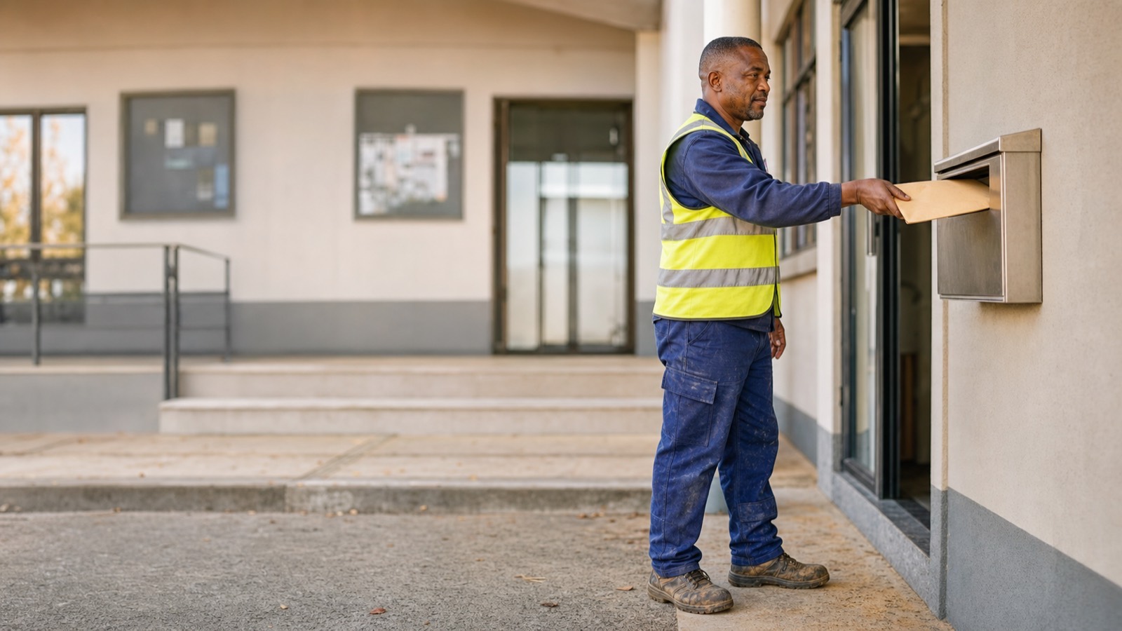 A contractor in a high-visibility vest placing a sealed envelope into a municipal tender submission box.