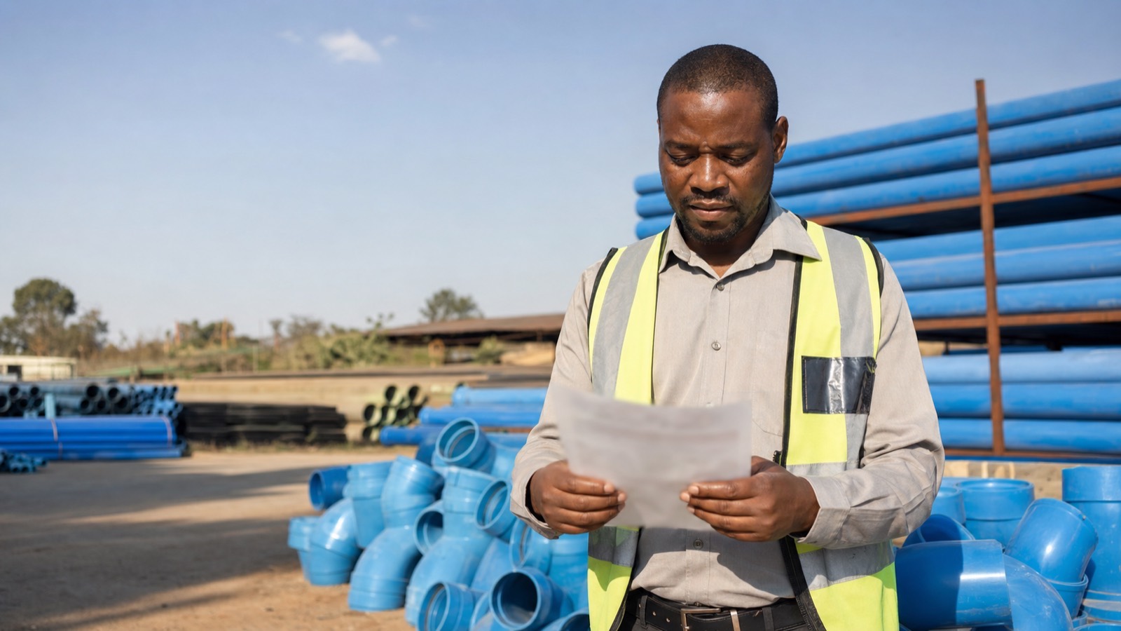 A contractor stands among stacked blue water pipes at a supply yard, holding a document sheet.