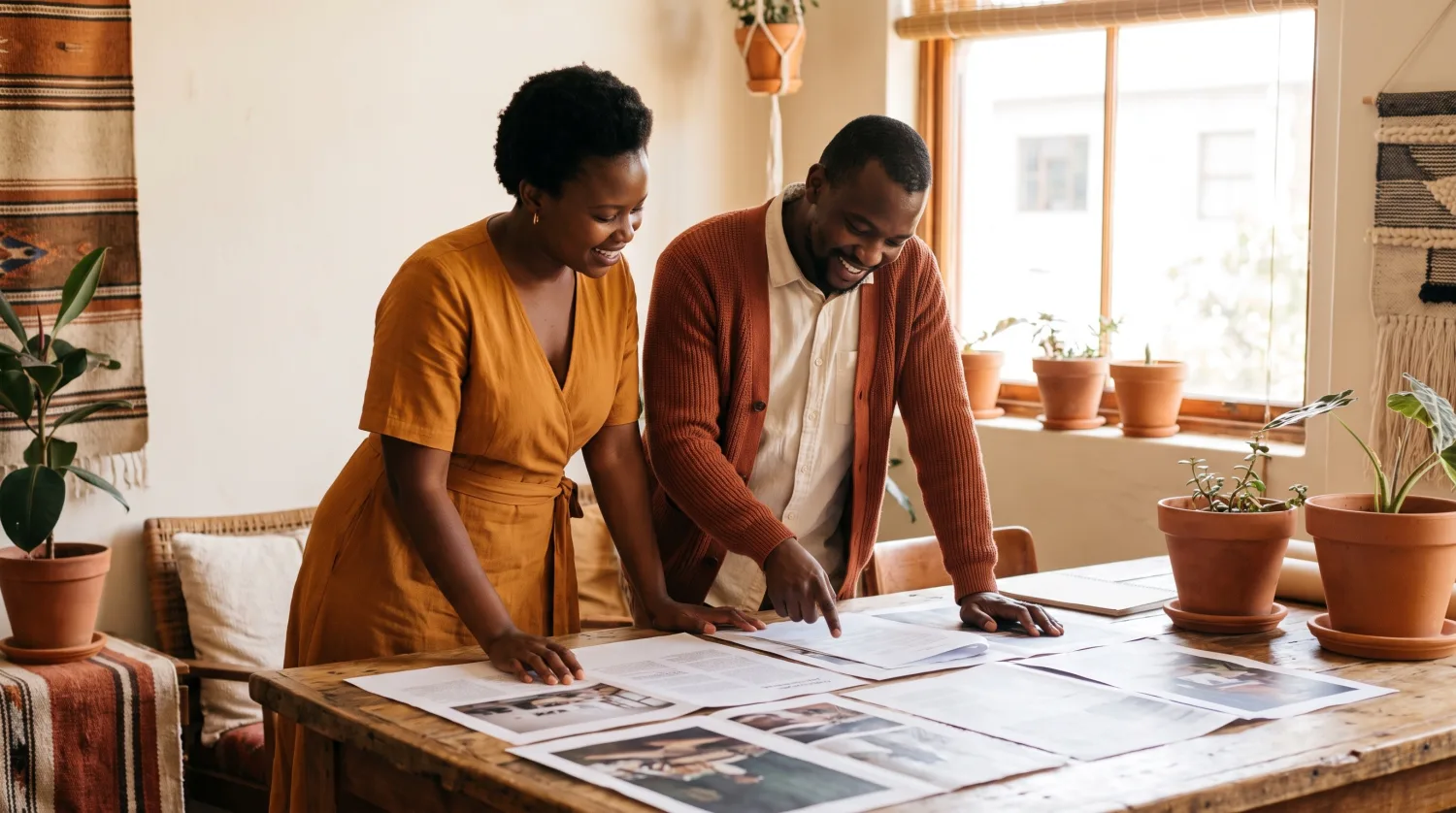 A South African couple reviewing their finished KAGO business plan together at home