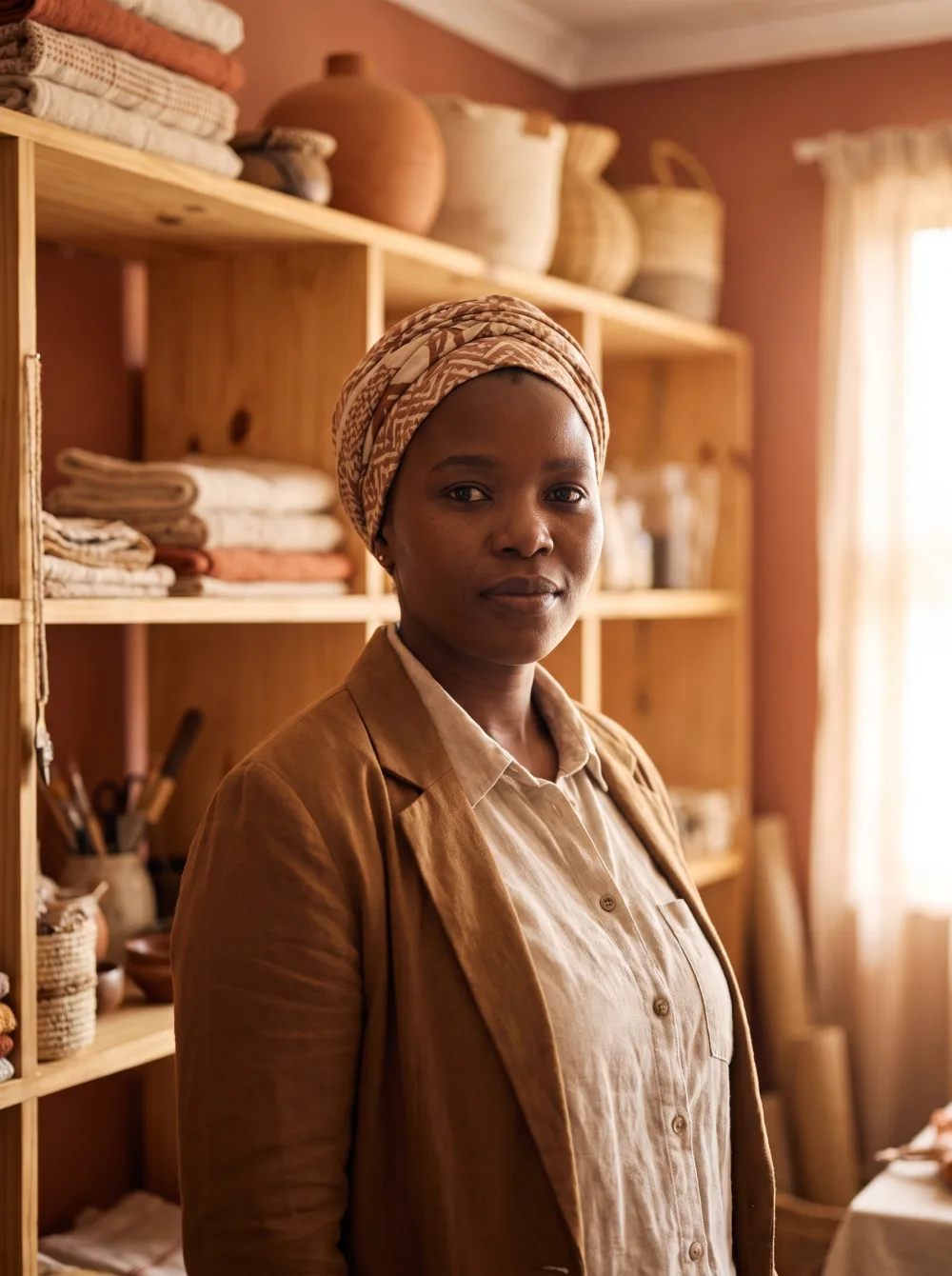 A confident South African business owner standing in her own shop