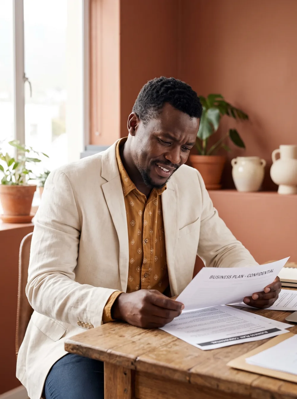 An entrepreneur reviewing his funder-grade business plan