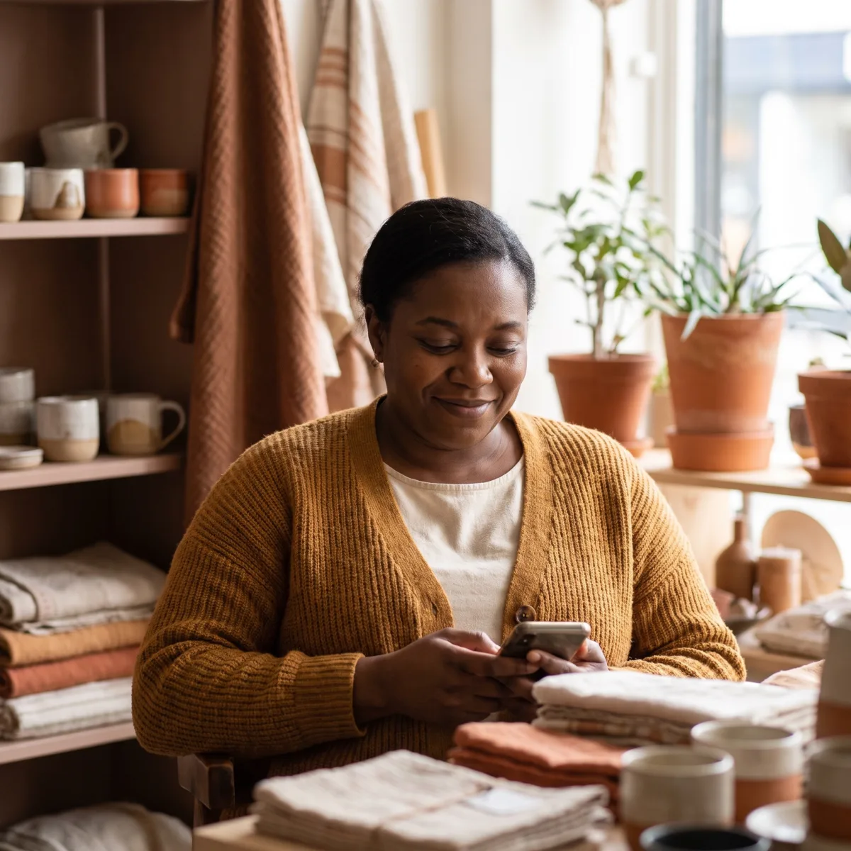 A South African shop owner starting her KAGO enquiry on her phone