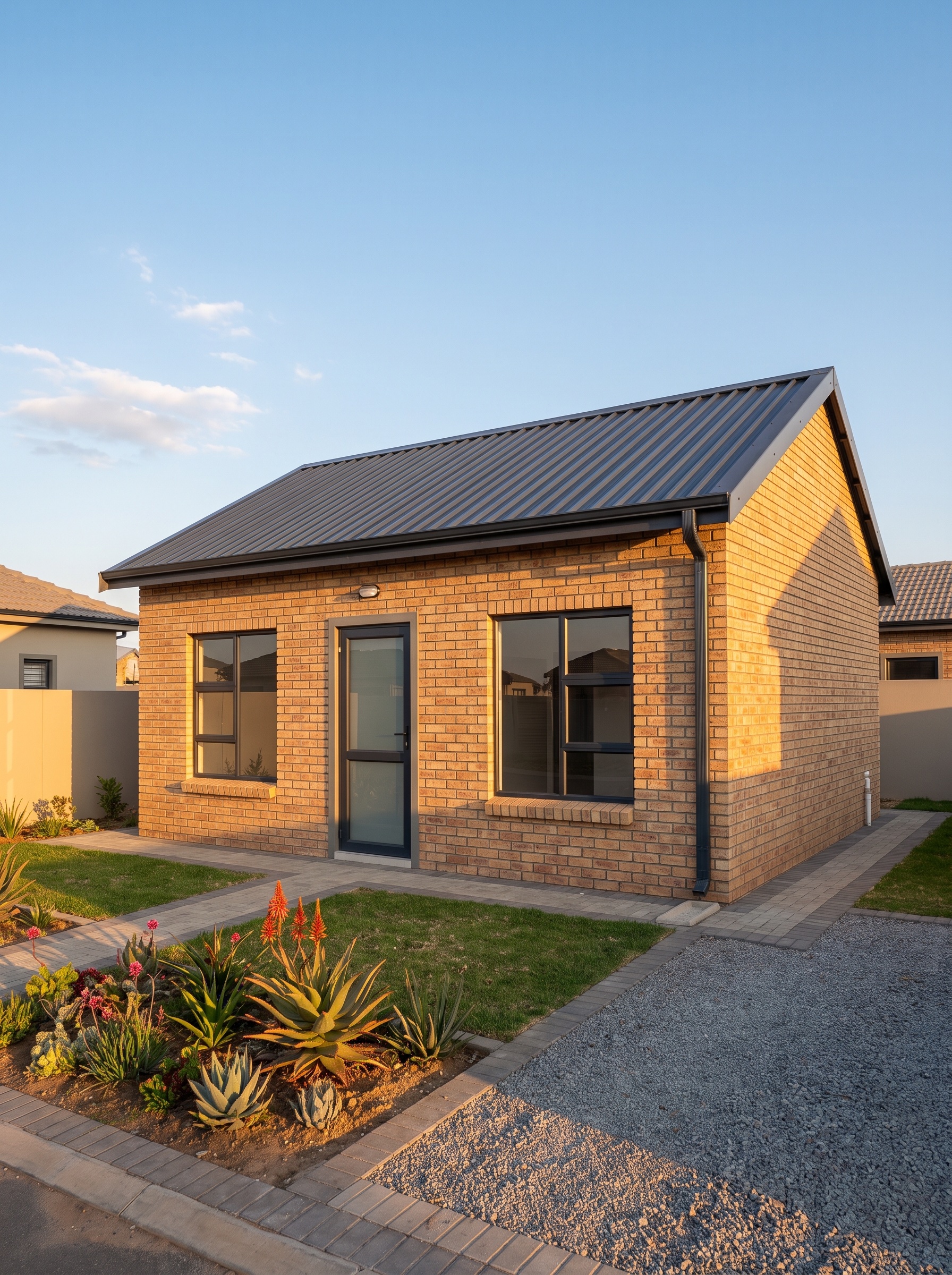 a neat modern one-bedroom brick cottage with a pitched IBR roof in a township yard