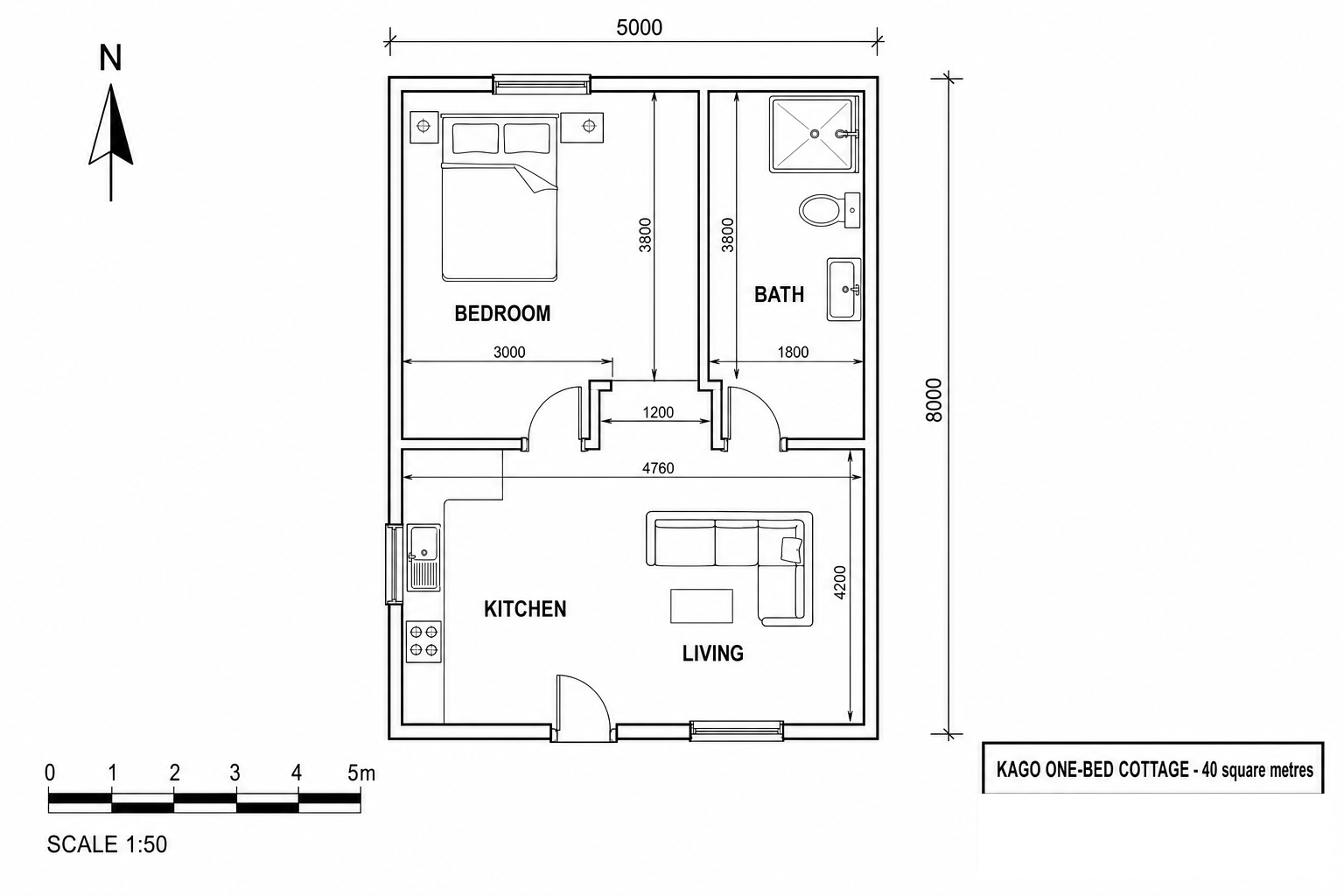 One-Bed Cottage floor plan with dimensions