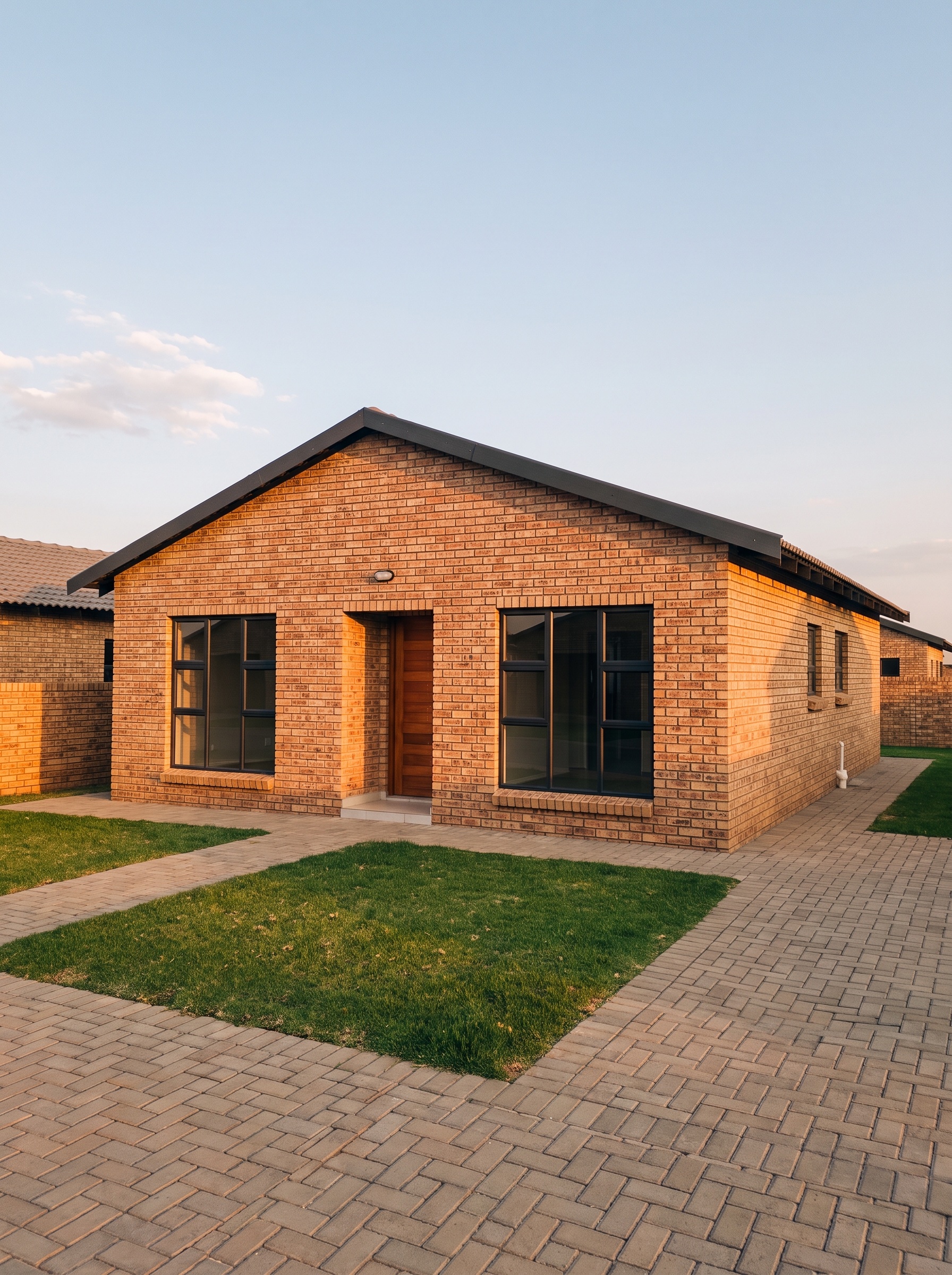 a neat modern two-bedroom brick family cottage with a pitched roof, a proud family outside