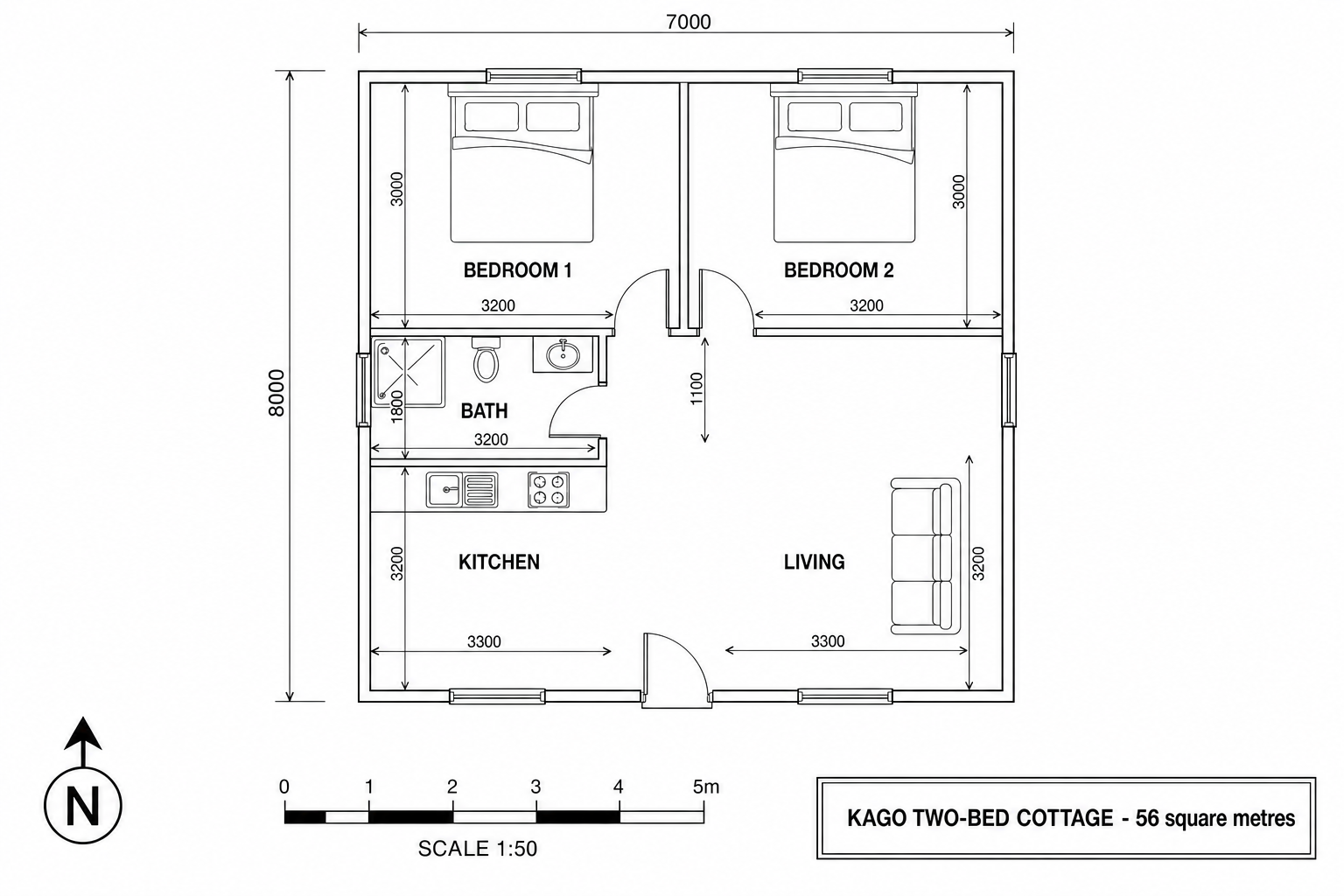 Two-Bed Cottage floor plan with dimensions