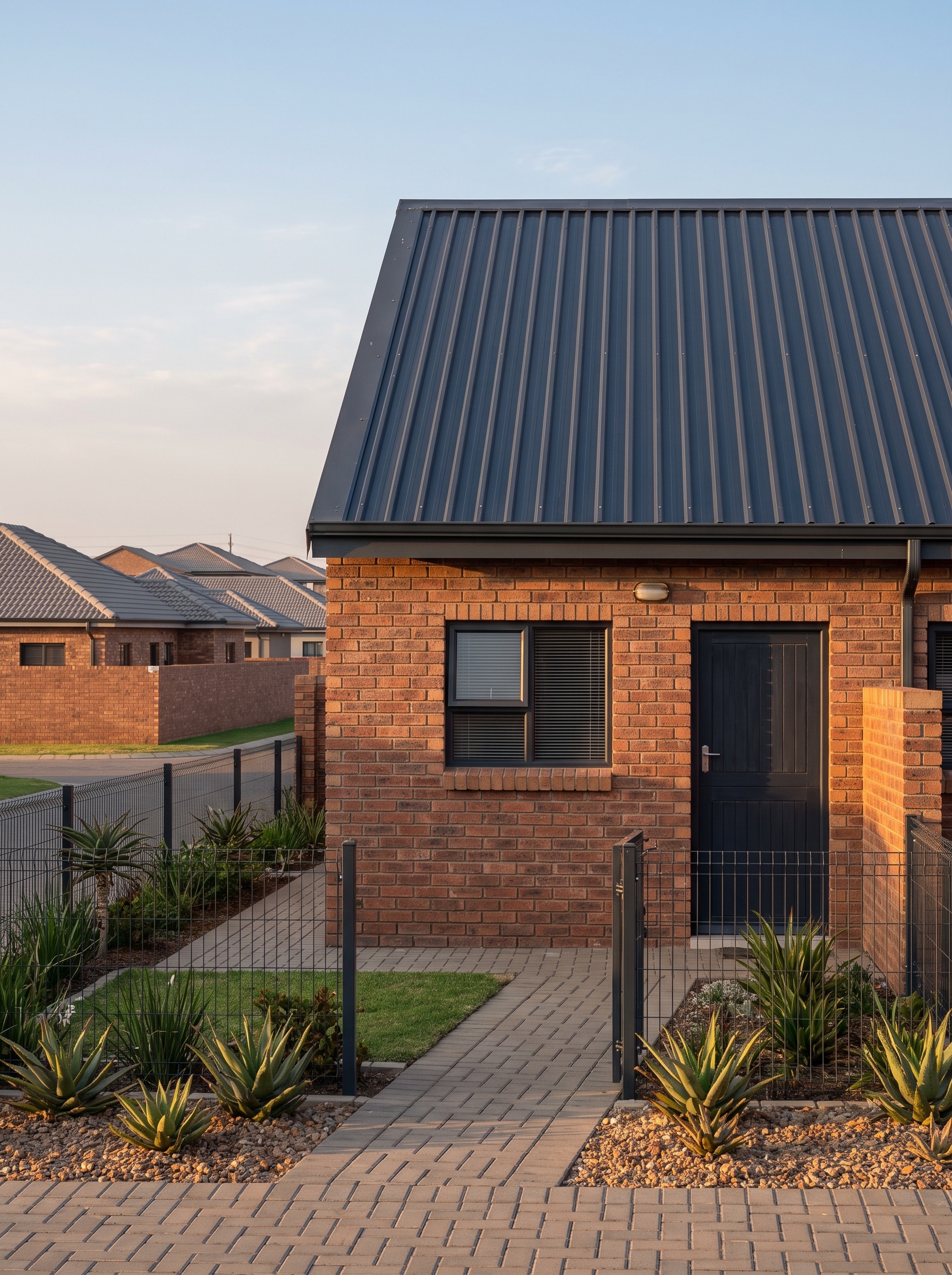 a neat small freshly built brick bachelor rental room in a tidy South African township yard