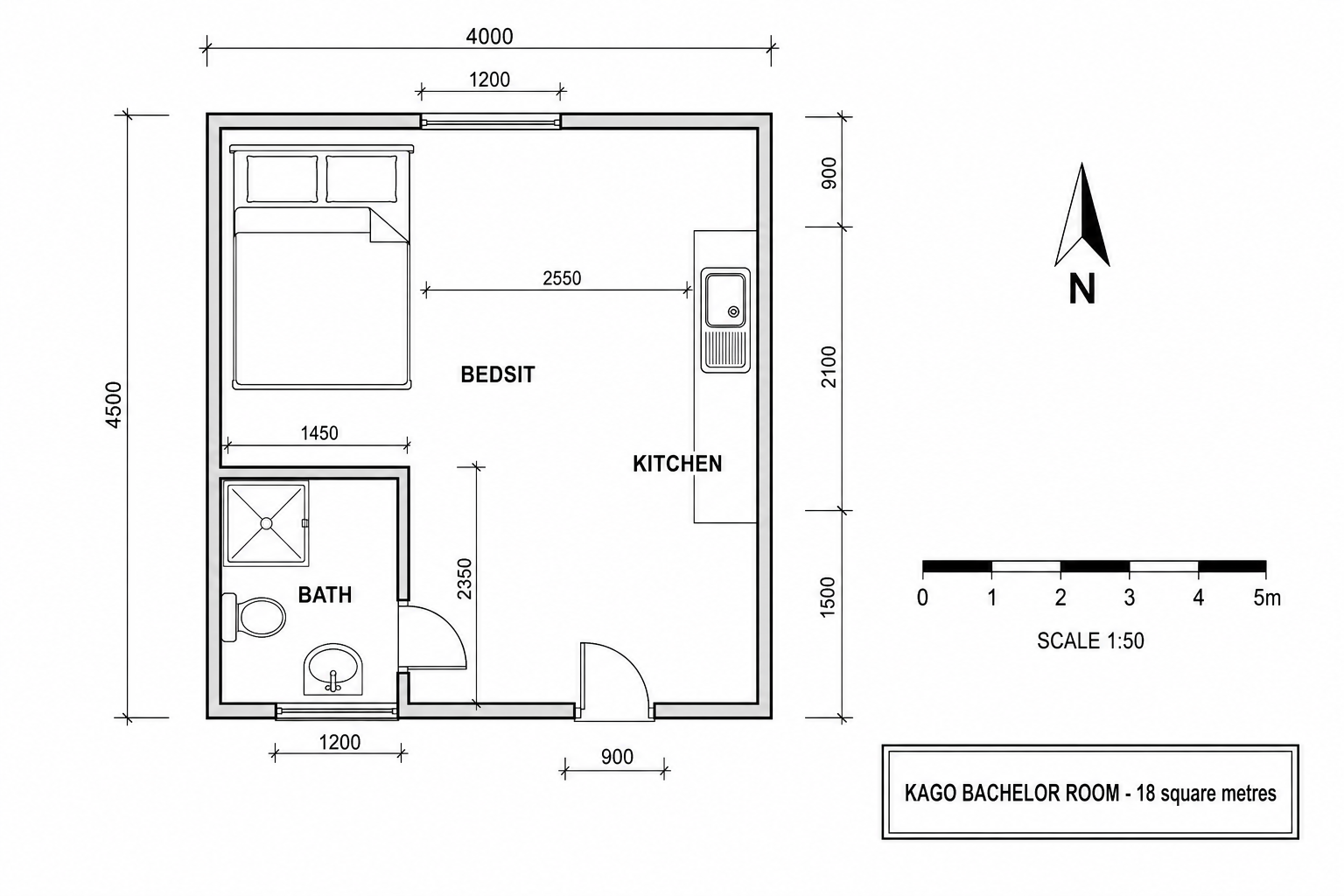 Bachelor Room floor plan with dimensions