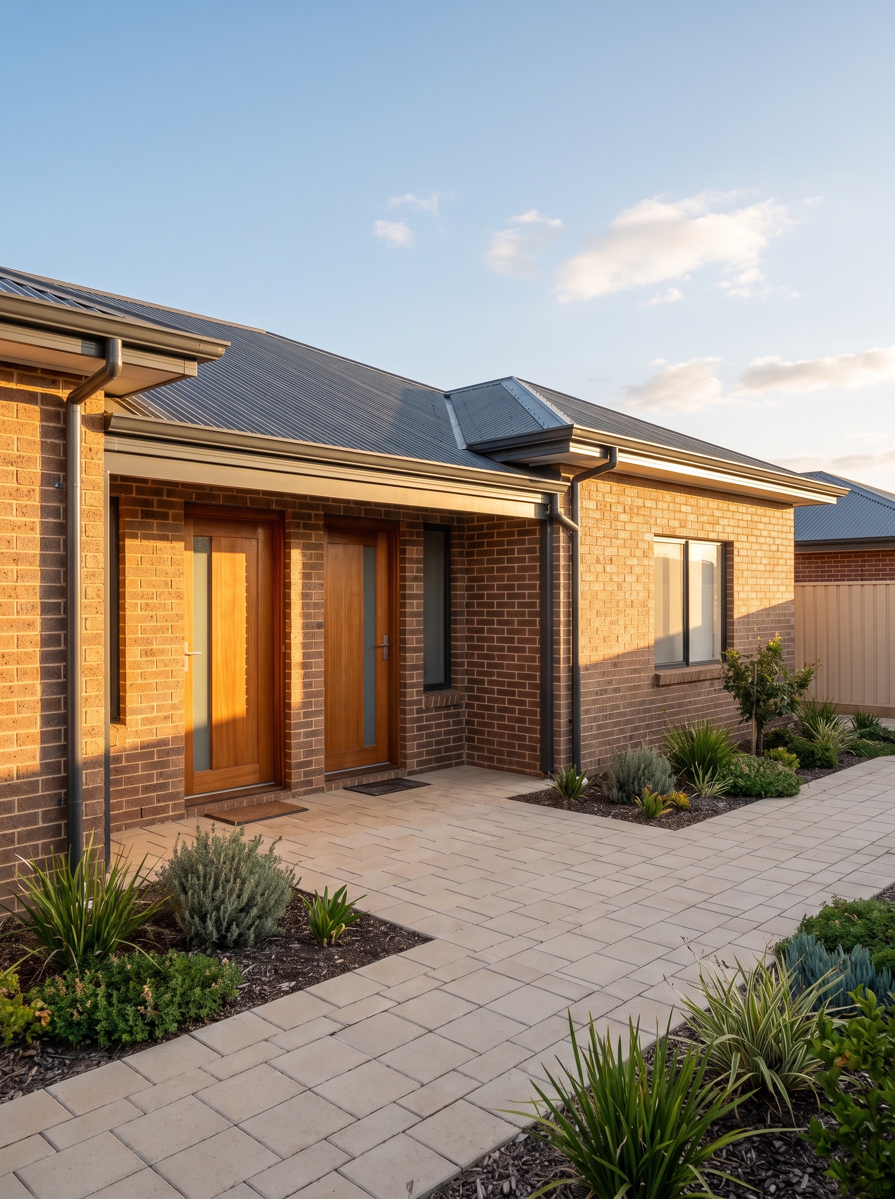 a smart double rental room block in a township backyard, two front doors, brick and IBR roof, a landlord standing proud