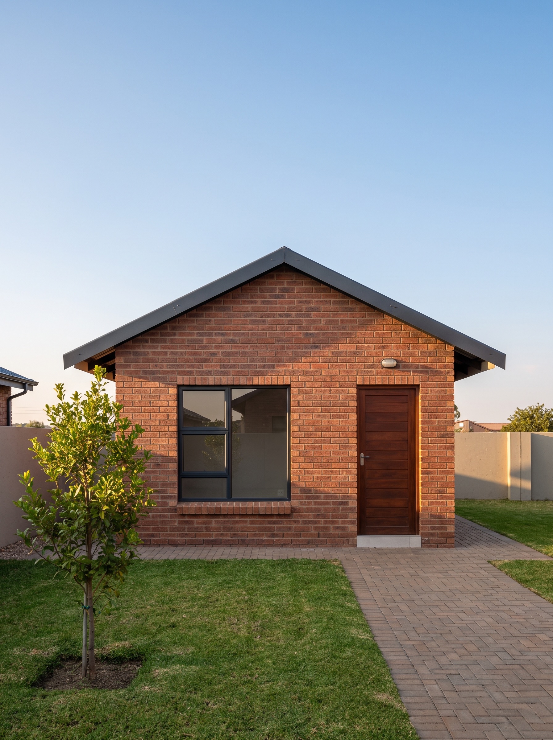 a neat modern freshly built brick granny flat with a dark IBR roof in a well-kept township yard