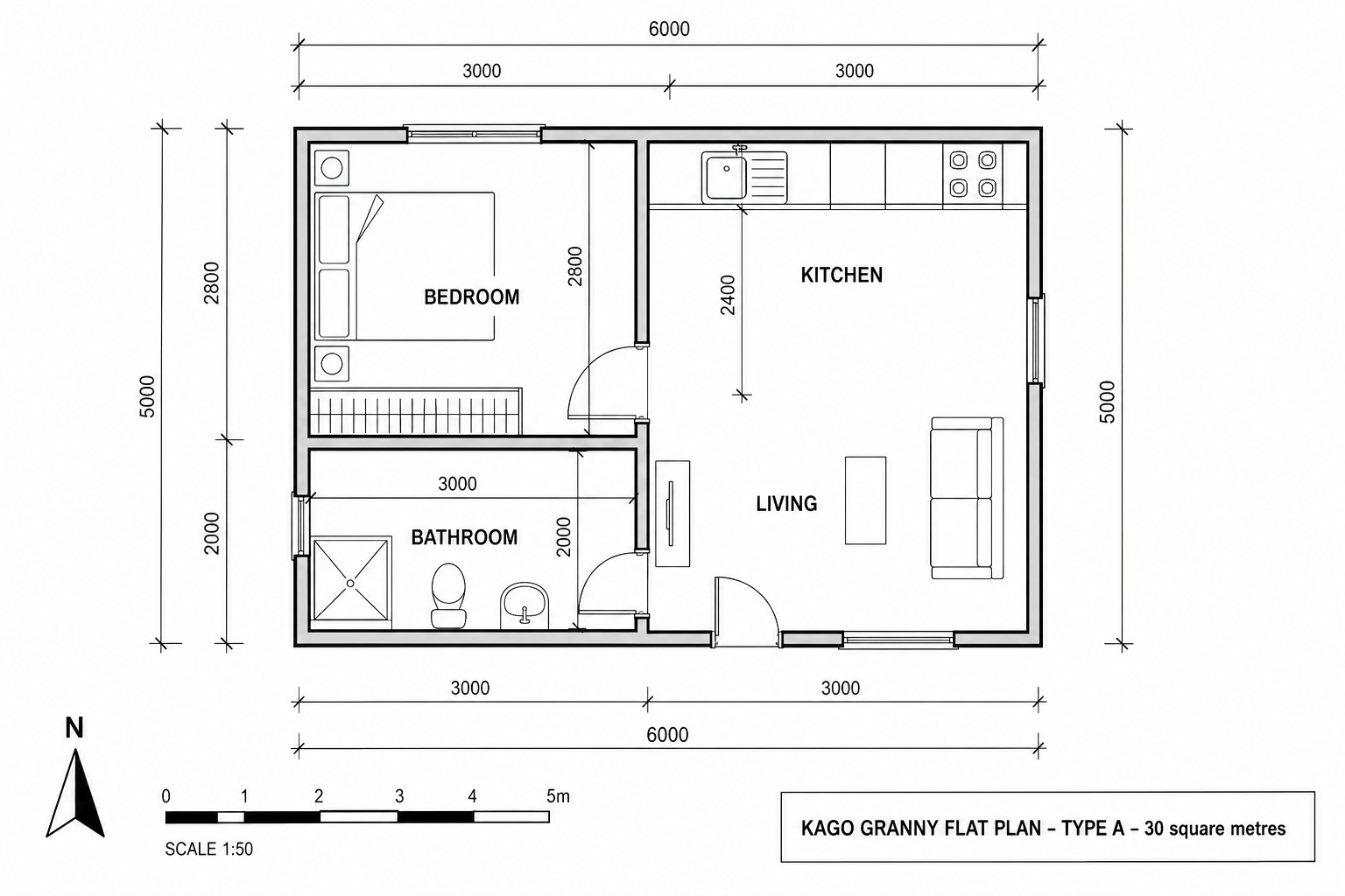 Granny Flat Type A floor plan with dimensions