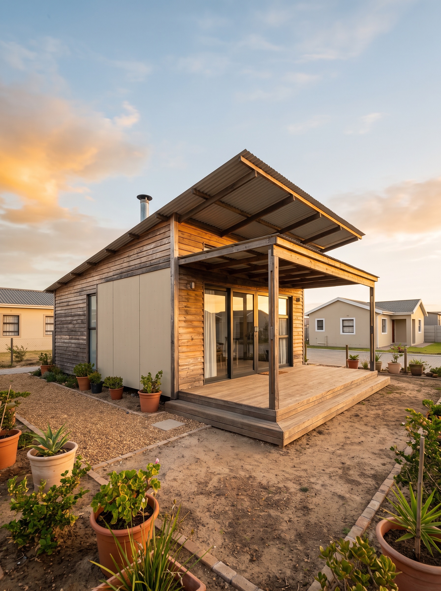 a modern one-bedroom container cottage with a covered porch and a pitched shade roof, clad and painted, township setting