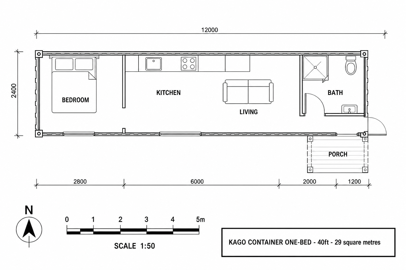 Container One-Bed floor plan with dimensions