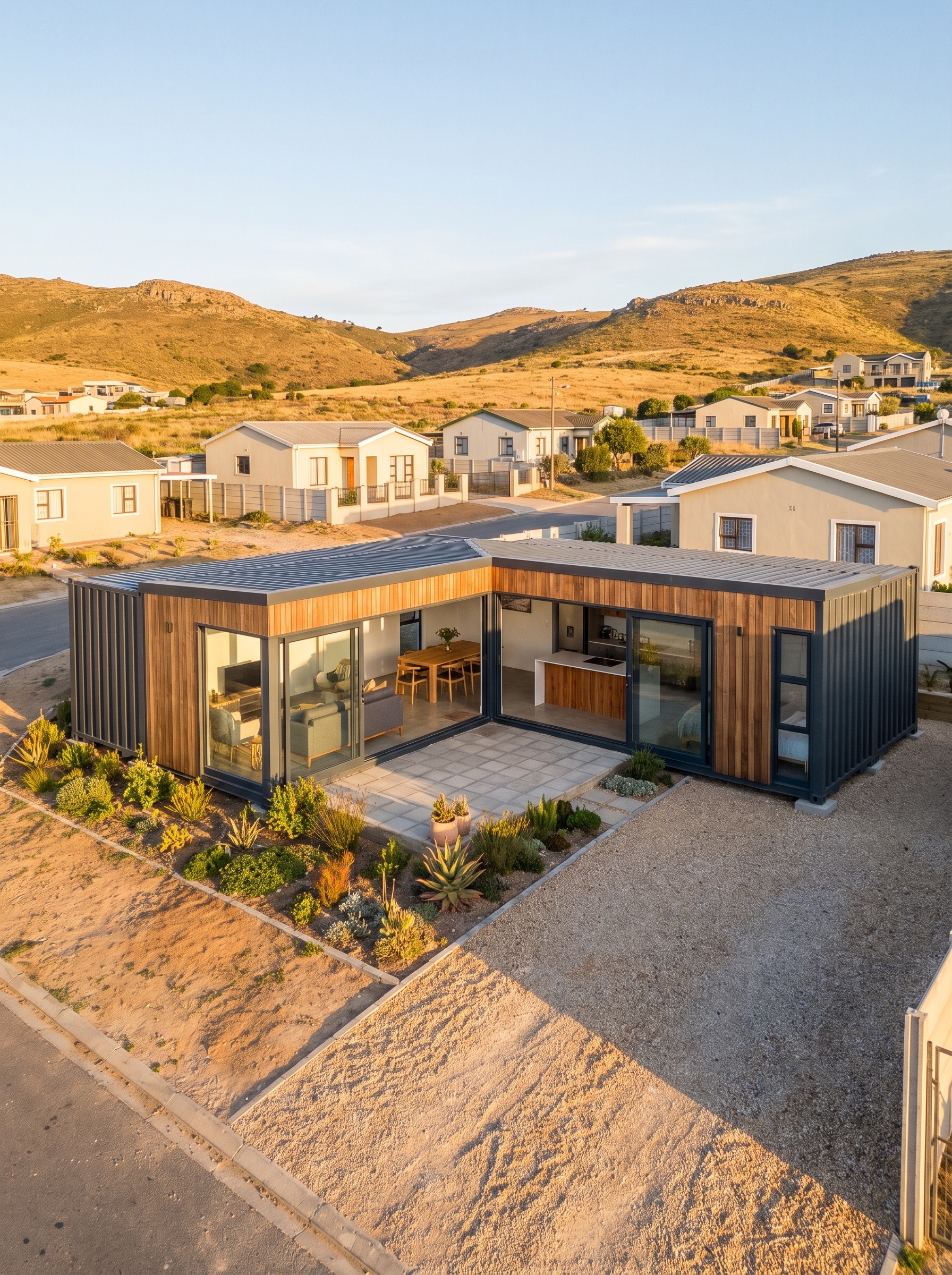 a spacious two-bedroom home made from two joined shipping containers, modern cladding, large windows, a family home