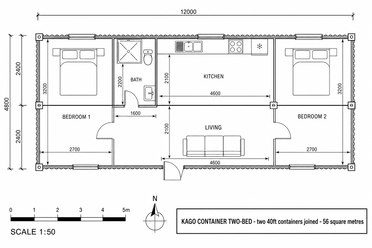 Container Two-Bed floor plan with dimensions