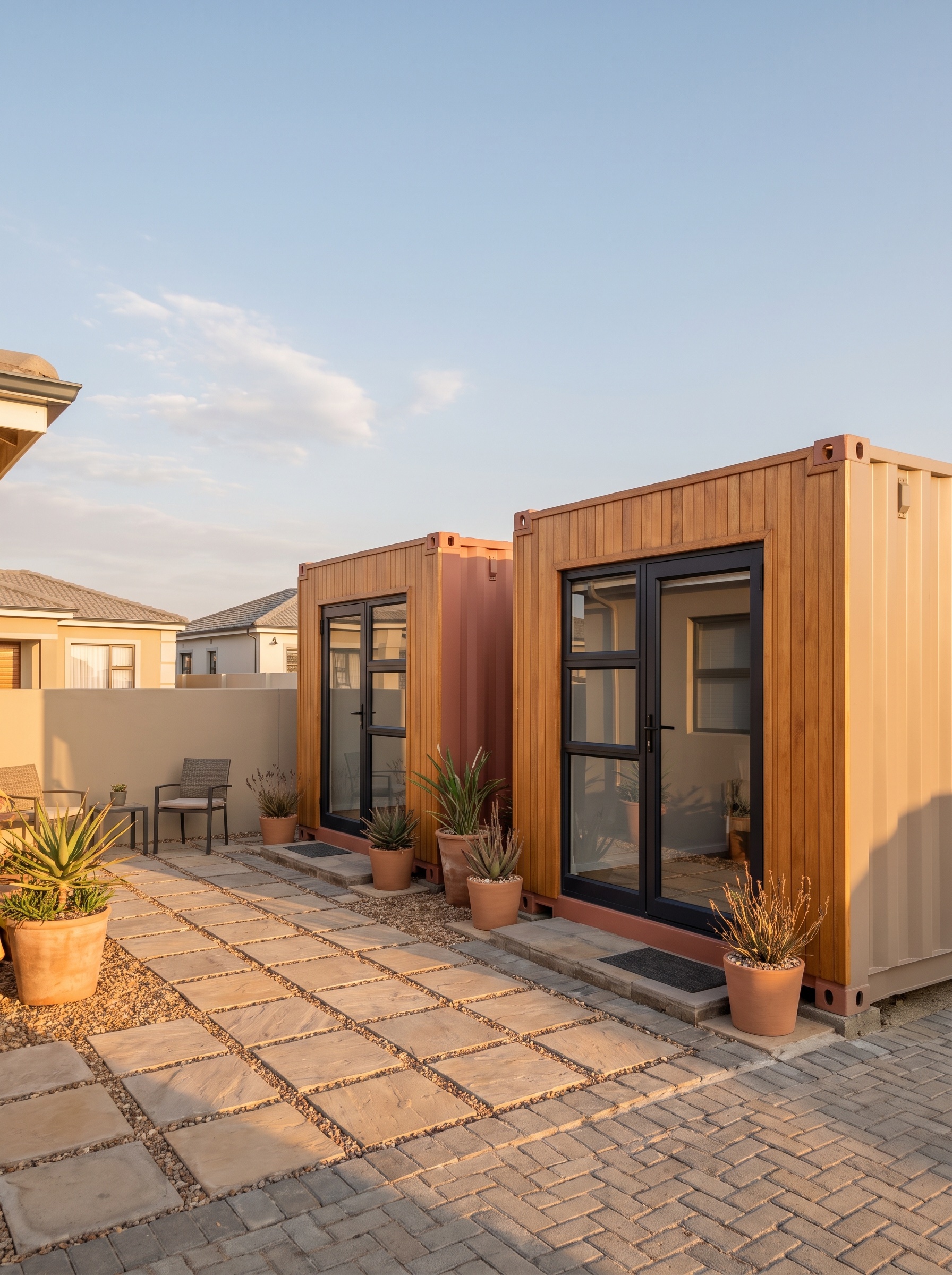 two 20ft containers set up as a pair of smart rental rooms in a township yard, two doors, clad and painted, a landlord smiling