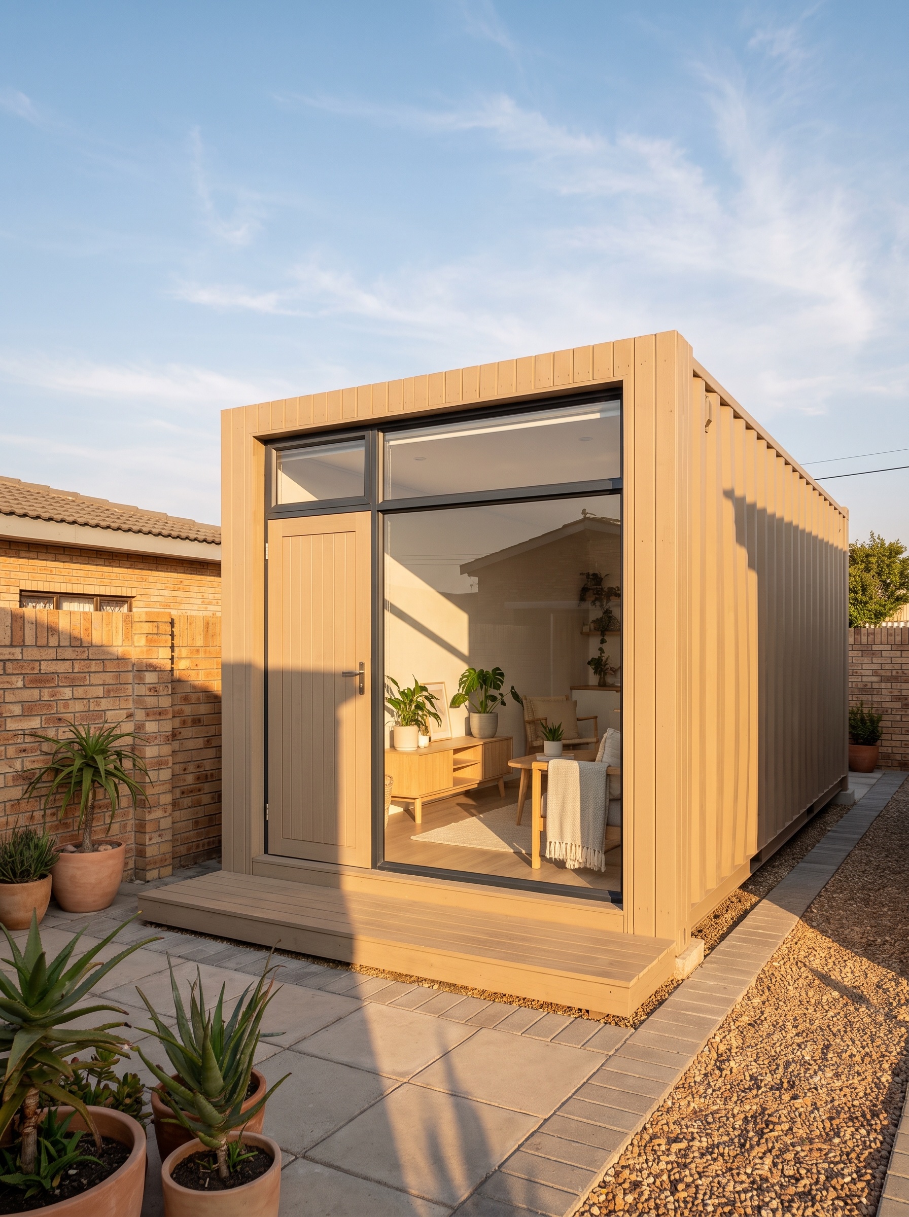 a modern converted 20ft shipping container turned into a bright rental room, clad and painted, a window and door, in a township yard