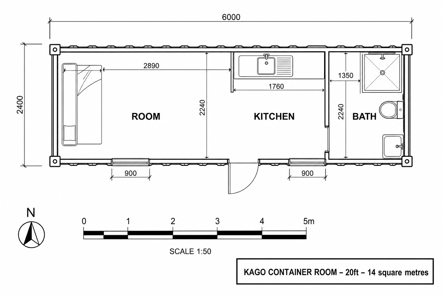 Single Container Room floor plan with dimensions