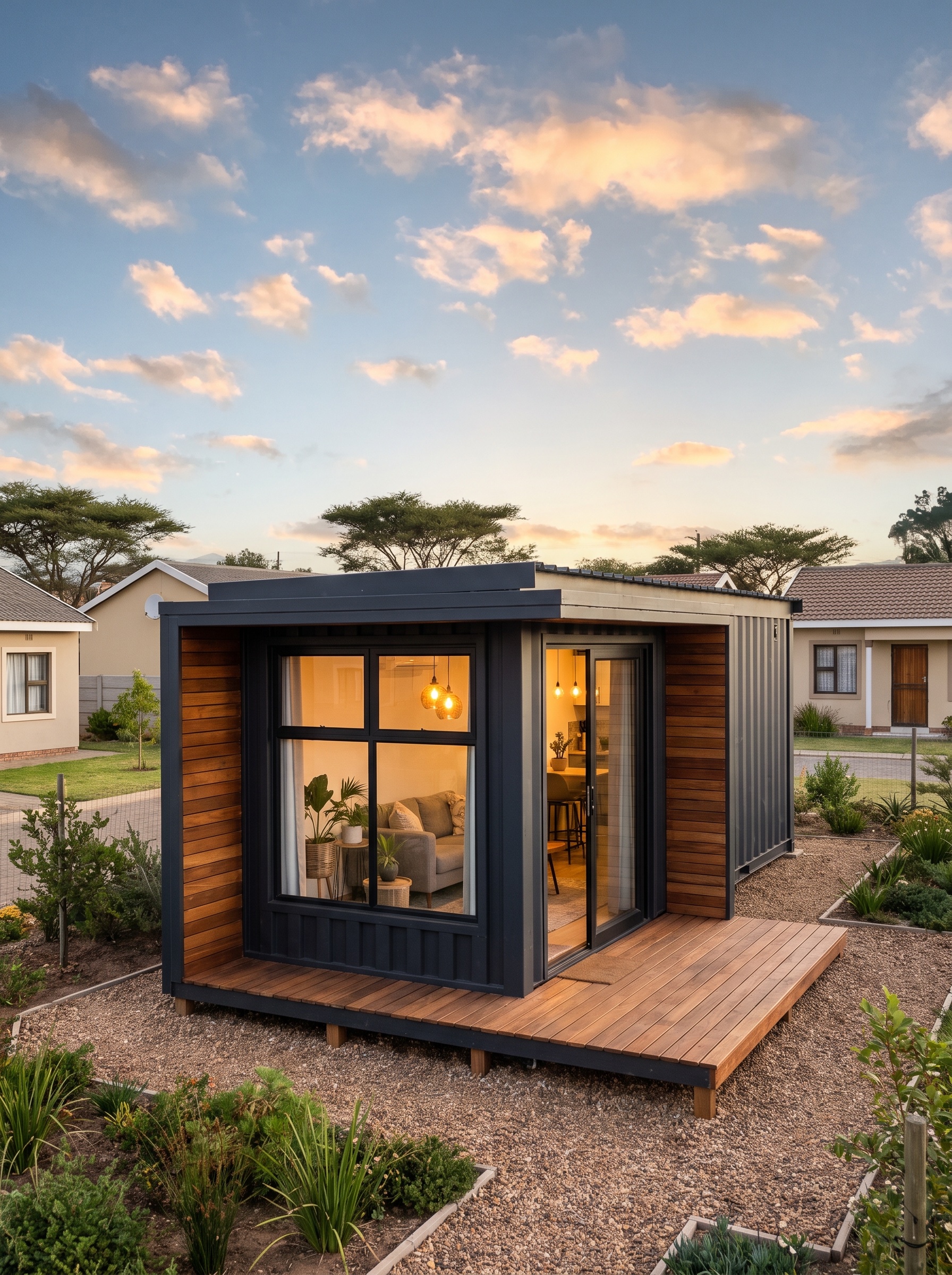 a stylish 40ft shipping container converted into a modern studio cottage, large window, deck, warm interior glow