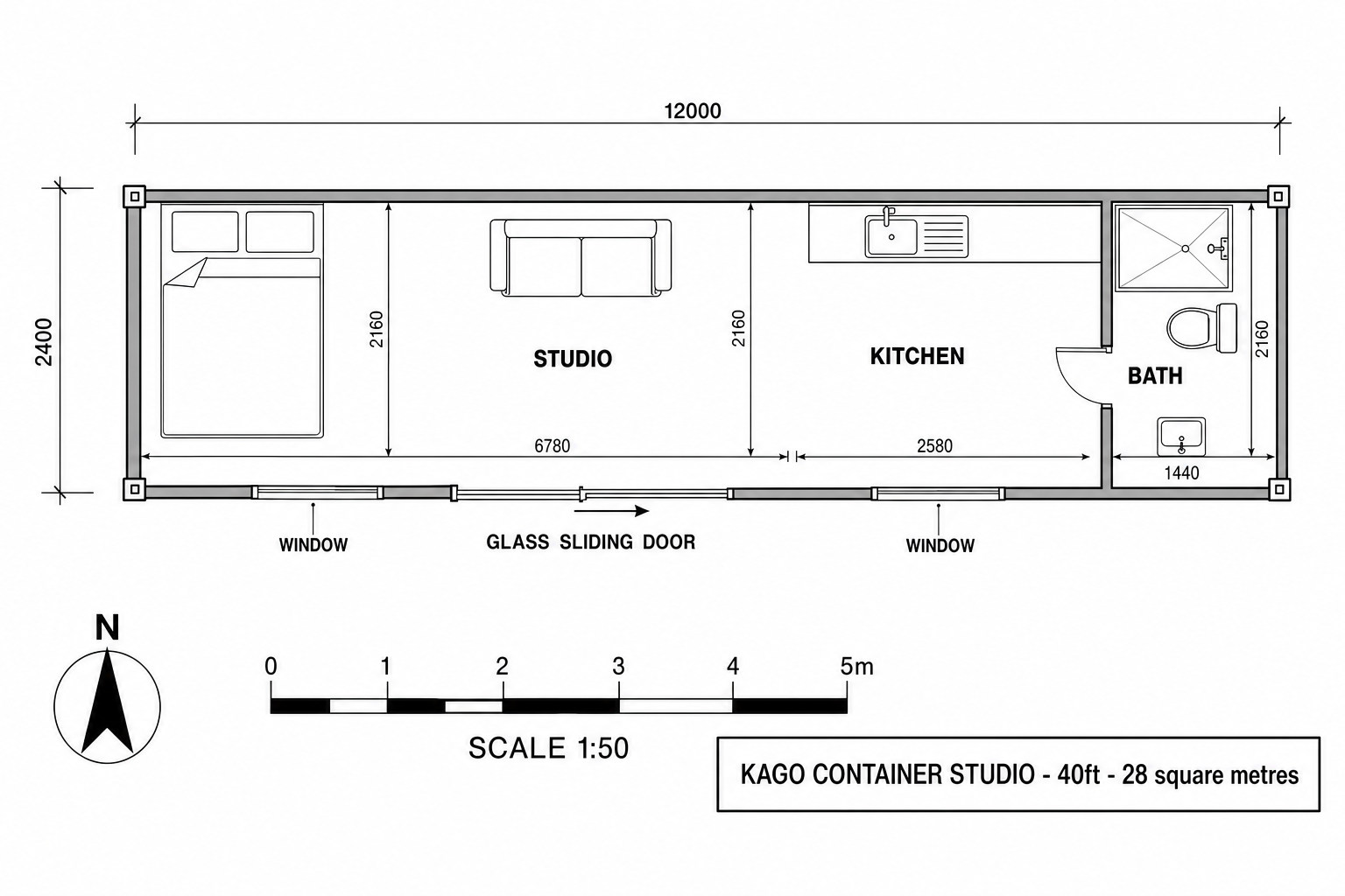 Container Studio floor plan with dimensions