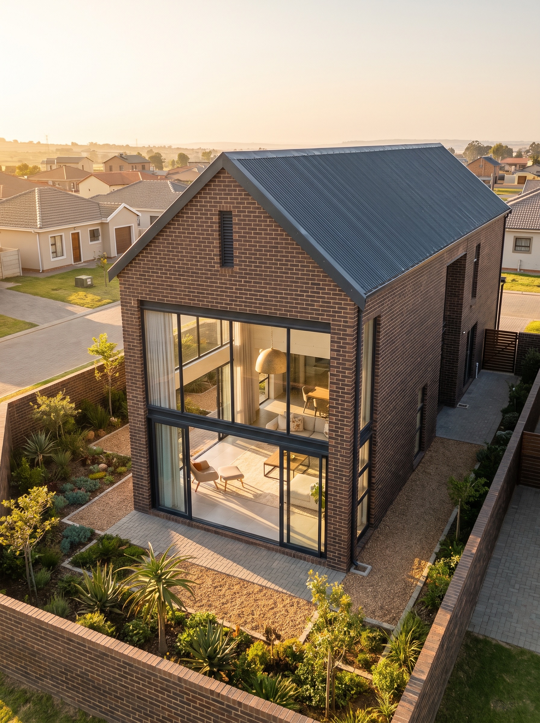 a striking modern double-volume brick home with a tall pitched roof, a soaring double-height living space and large full-height windows, in a well-kept South African township