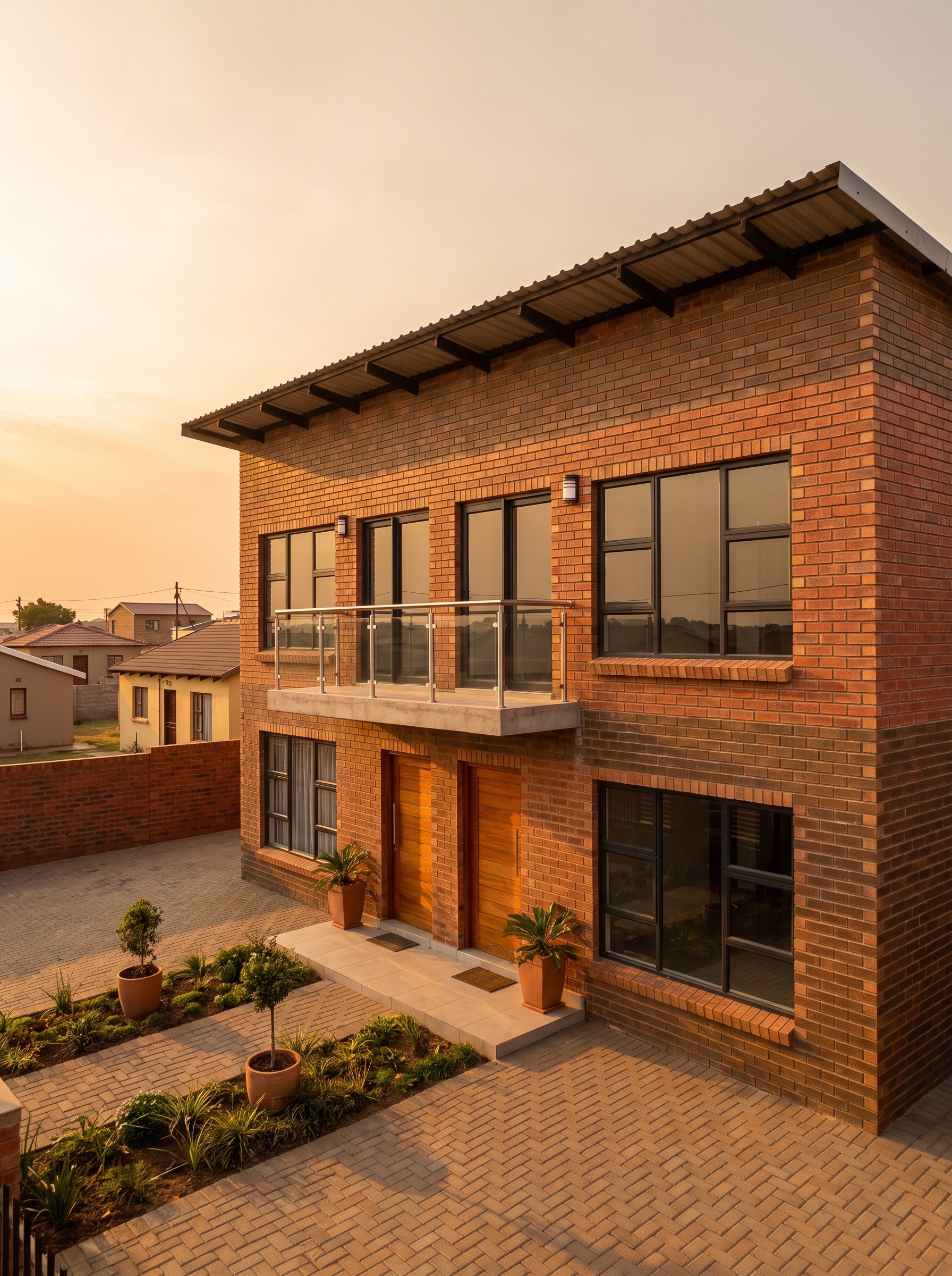 a smart modern double-storey brick duplex home with two levels, large windows and a small balcony, a proud family home in a South African township