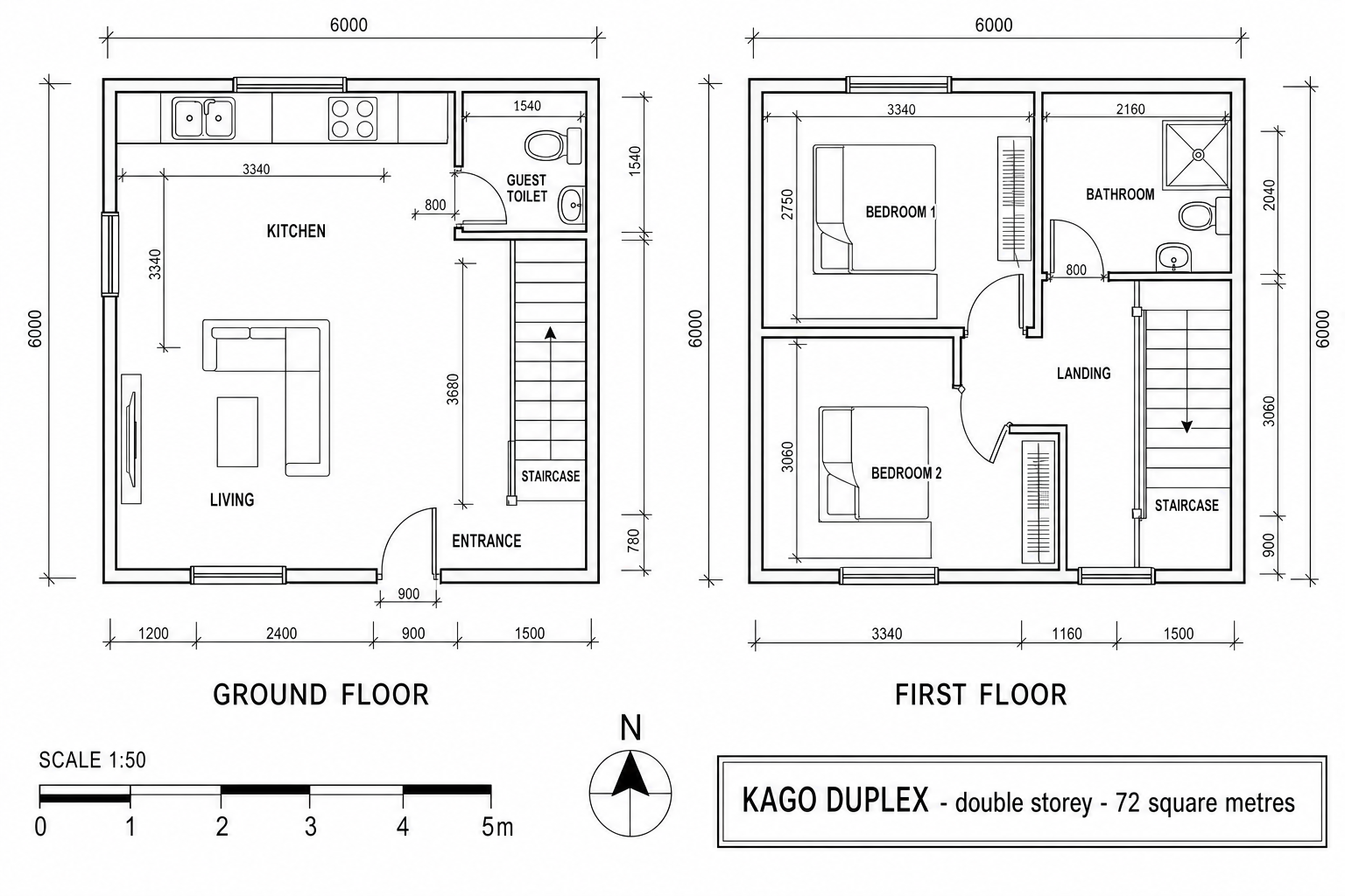 Duplex floor plan with dimensions