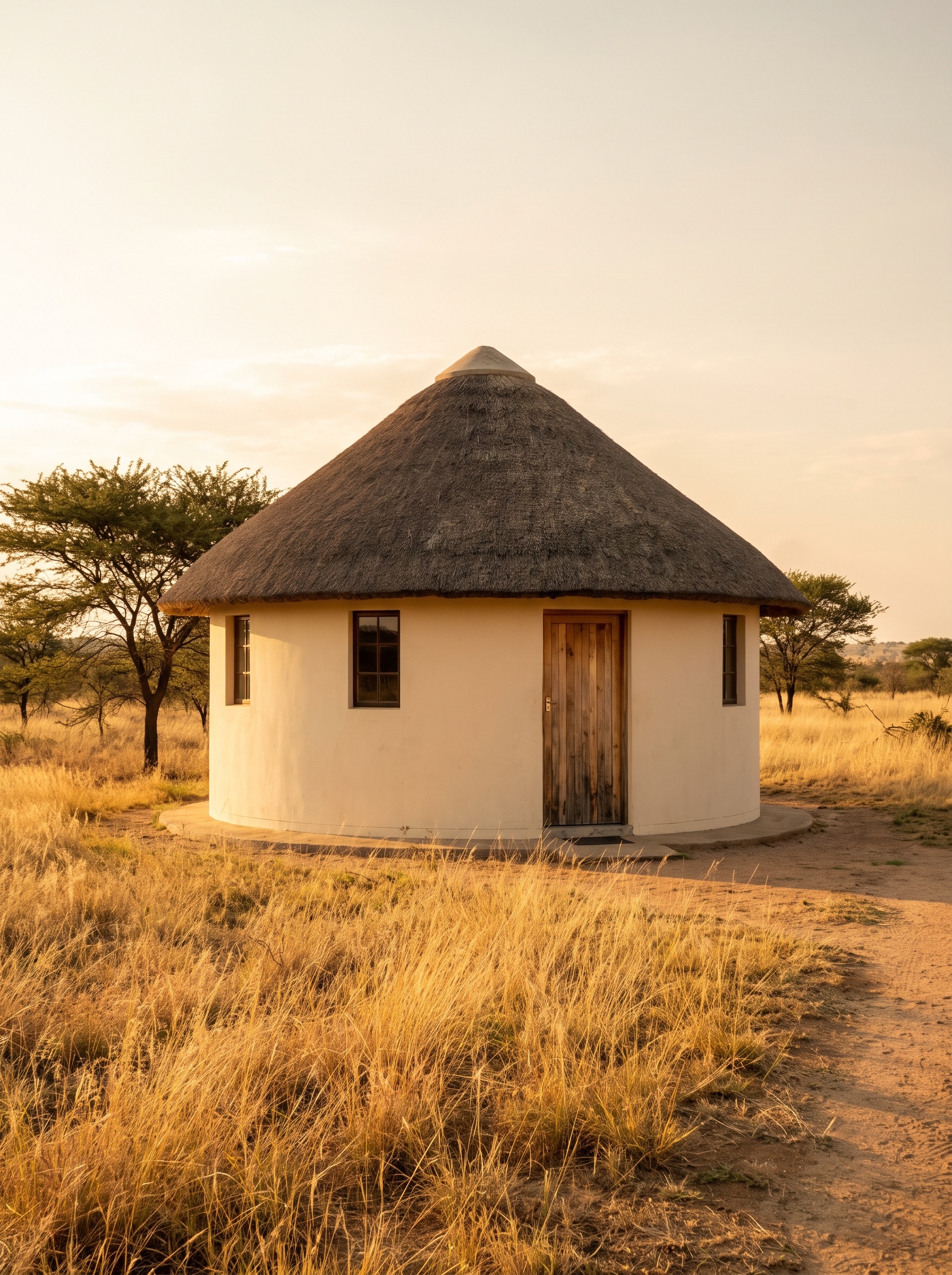 a beautiful modern round rondavel home with smooth plastered walls and a neat conical thatch roof, in a dignified rural South African setting, aspirational and warm