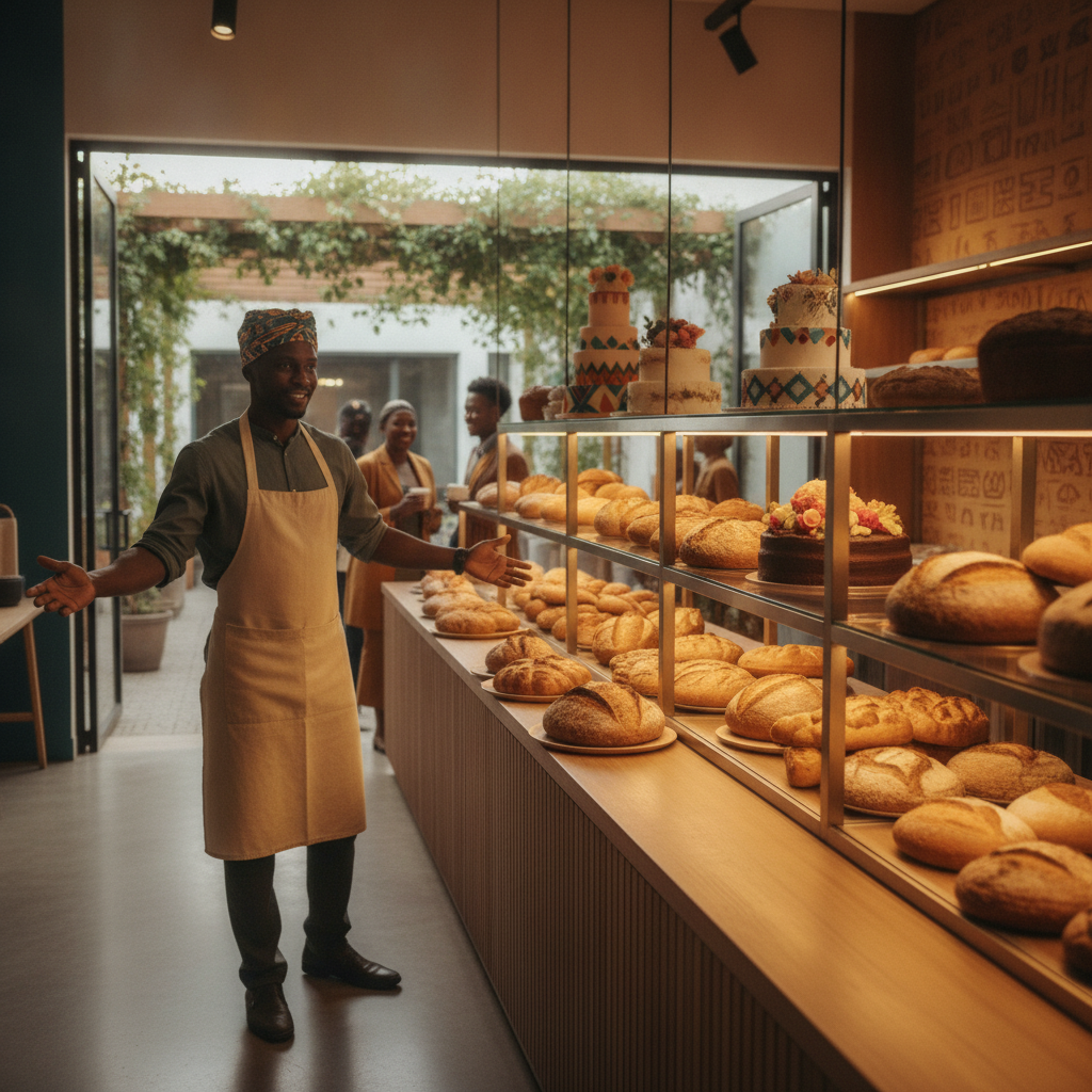 A modern branded township bakery a modern branded bakery at golden hour