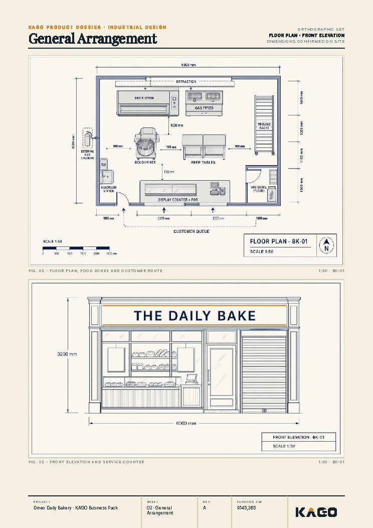Floor plan and side elevation technical drawing of the bakery