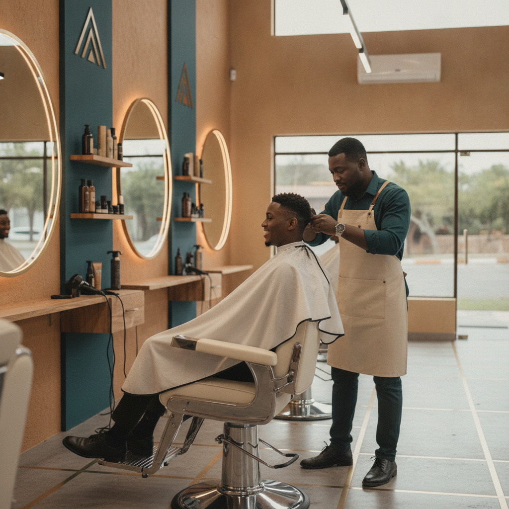 A modern branded township barber shop a modern branded barber shop at golden hour