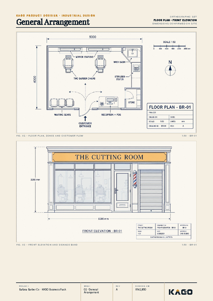 Floor plan and side elevation technical drawing of the barber shop
