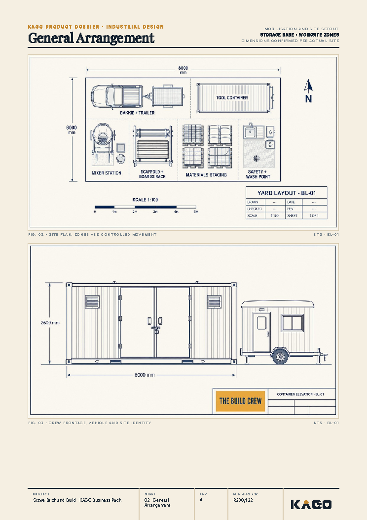 Floor plan and side elevation technical drawing of the building crew