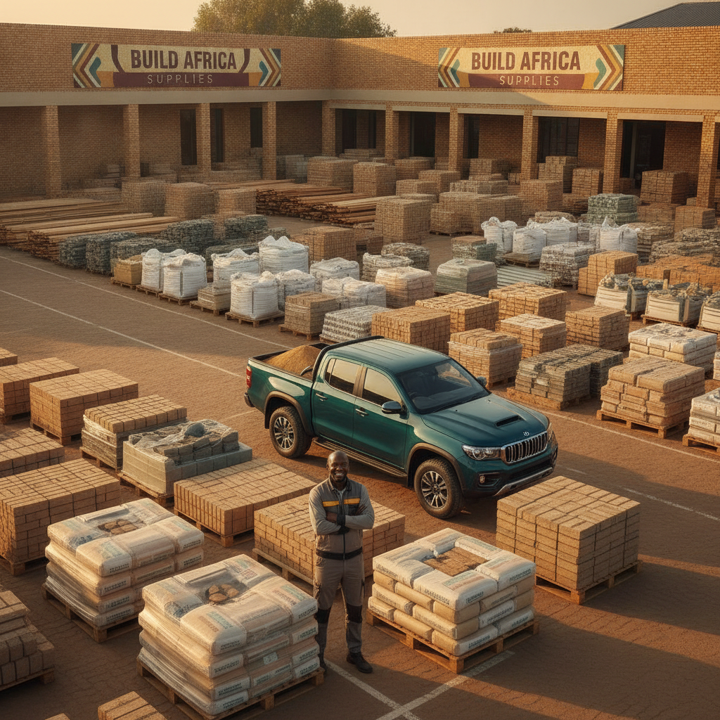 A modern branded township building-material yard a modern branded building-material yard at golden hour