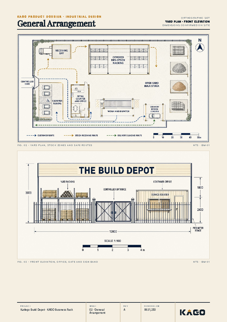 Floor plan and side elevation technical drawing of the building-material yard