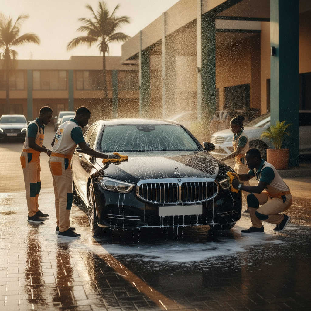 A modern branded township car wash a modern branded car wash at golden hour