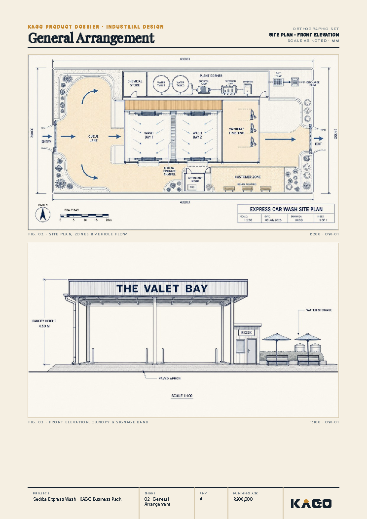 Floor plan and side elevation technical drawing of the car wash