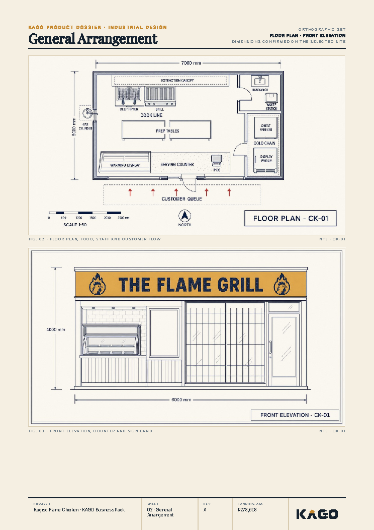 Floor plan and side elevation technical drawing of the chicken outlet