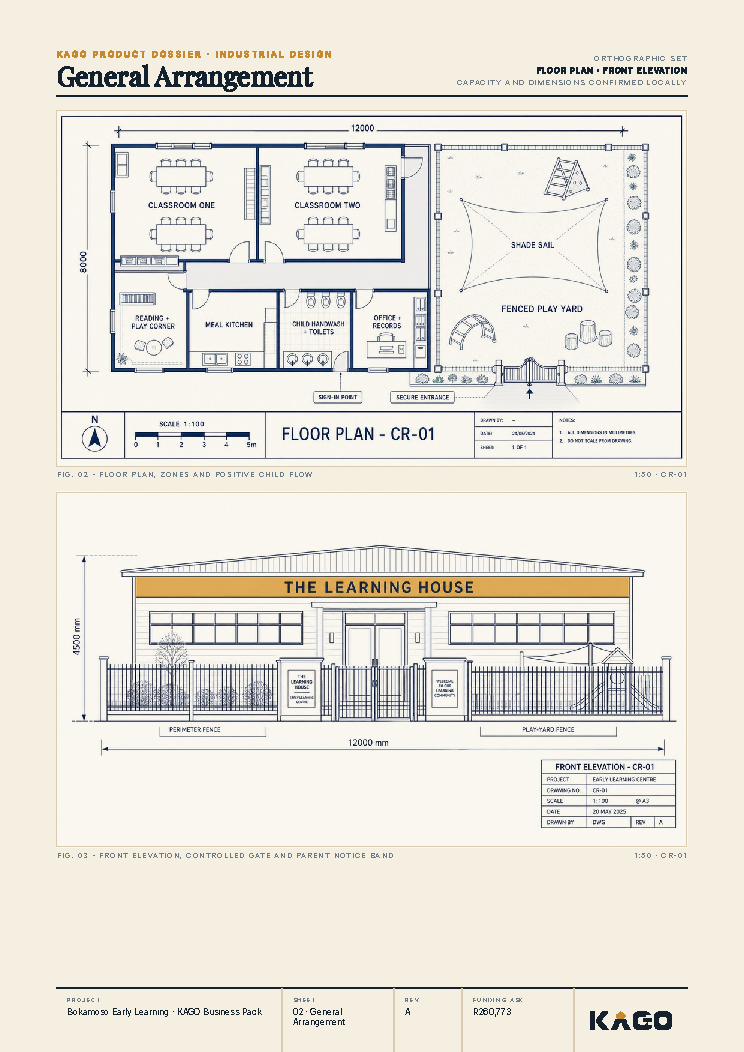 Floor plan and side elevation technical drawing of the creche