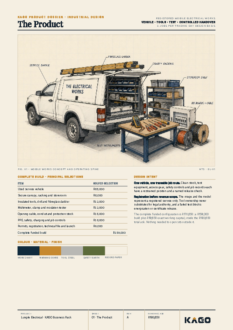 The product page showing the electrical business and what it sells