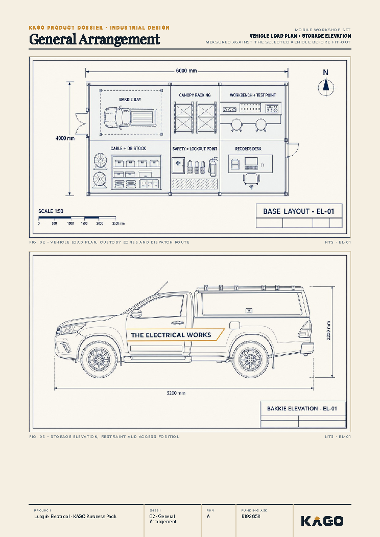 Floor plan and side elevation technical drawing of the electrical business