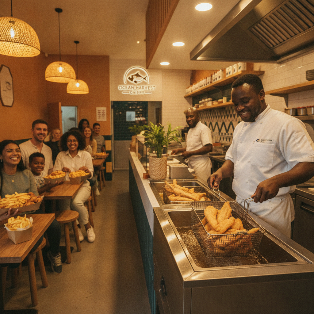 A modern branded township fish and chip shop a modern branded fish and chip shop at golden hour
