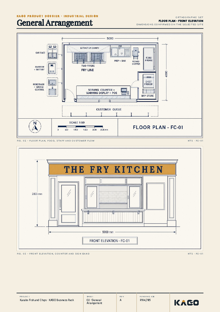 Floor plan and side elevation technical drawing of the fish and chip shop