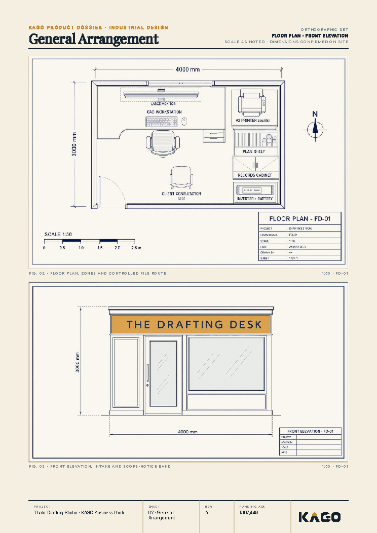 Floor plan and side elevation technical drawing of the drafting service