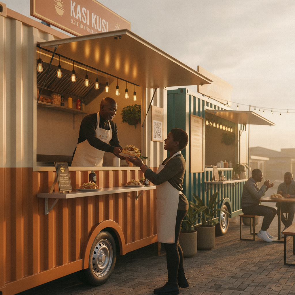 A modern branded township food truck serving a kota to a happy customer at golden hour
