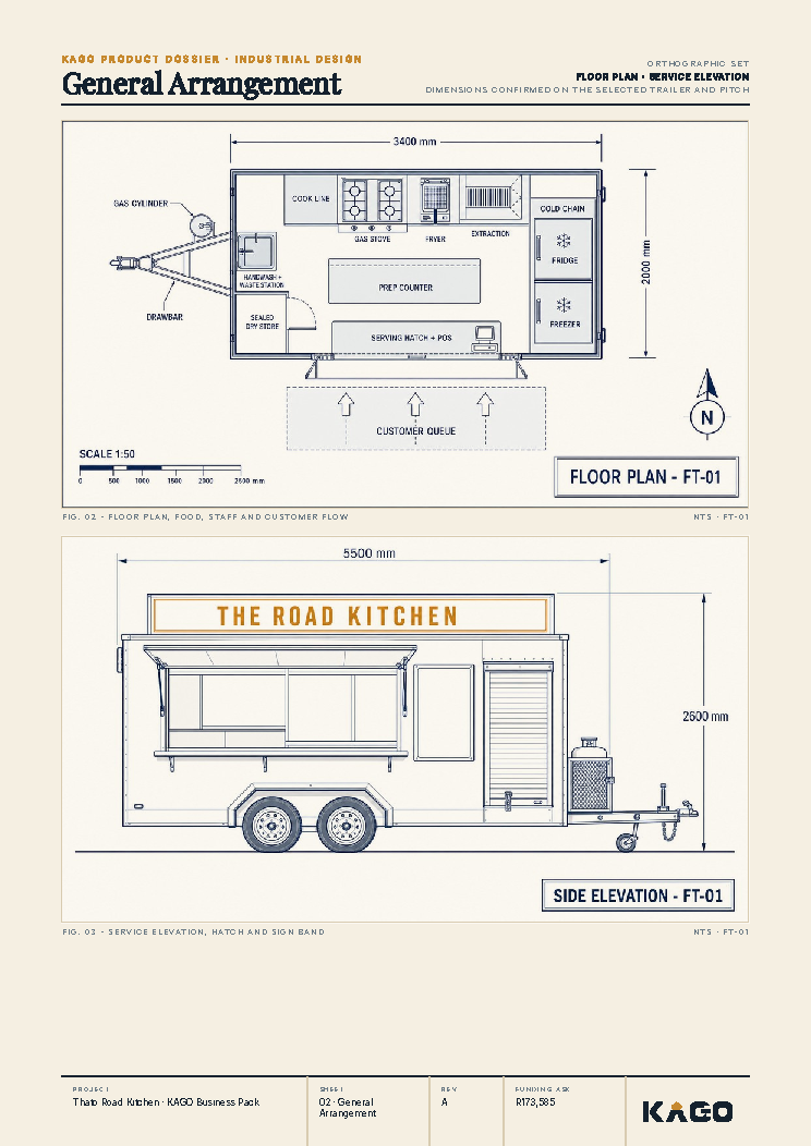Floor plan and side elevation technical drawing of the food truck